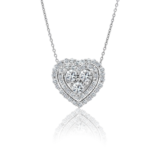 3 Stone Diamond Heart Necklace with Double Halo