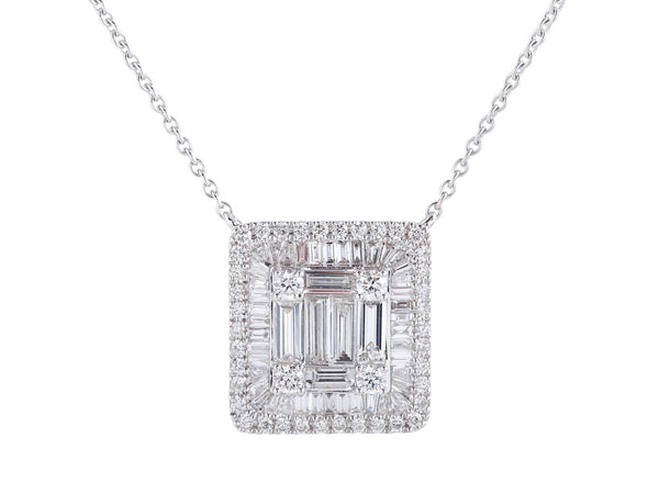 Large Baguette and Round Diamond Halo Illusion Necklace