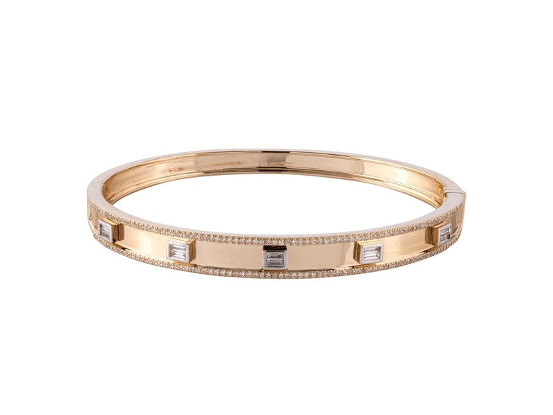 Gold and Baguette and Round Diamond Bangle