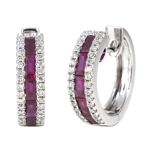 White gold diamond and ruby hoop earrings