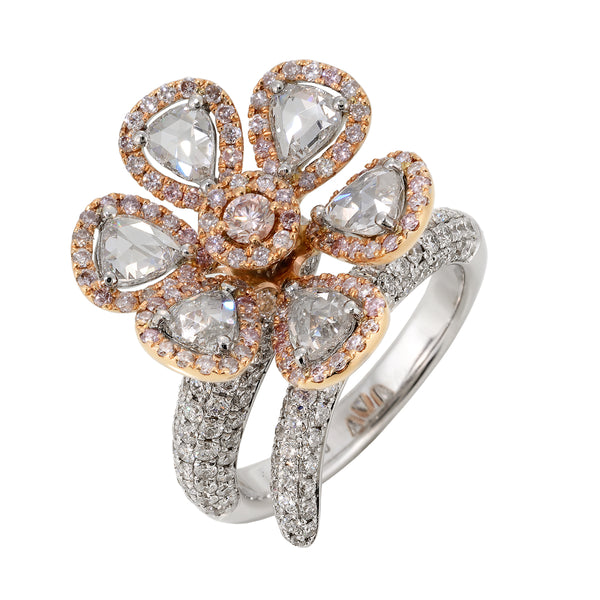 Rose Cut Pink and White Diamond Flower Ring